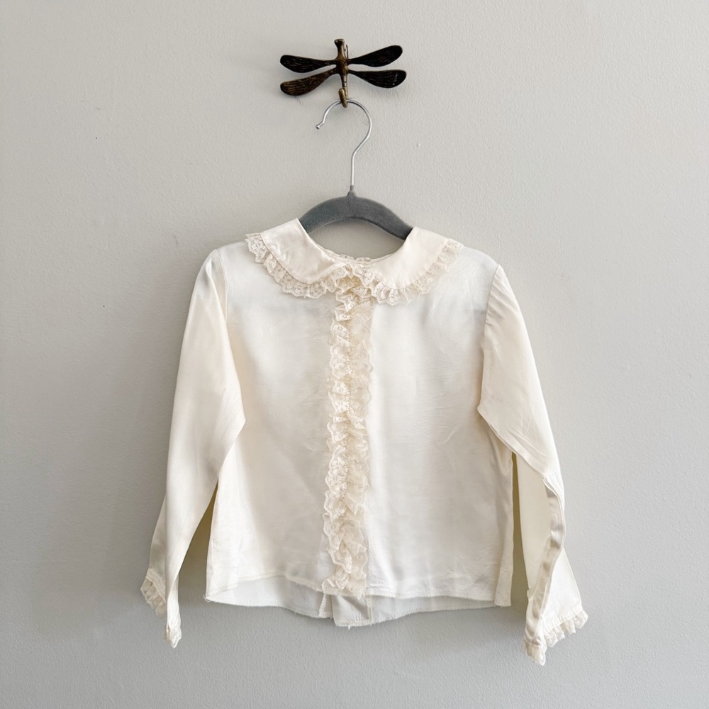 Vintage Satin Ivory Cream Toddler Blouse with Lace Detail
